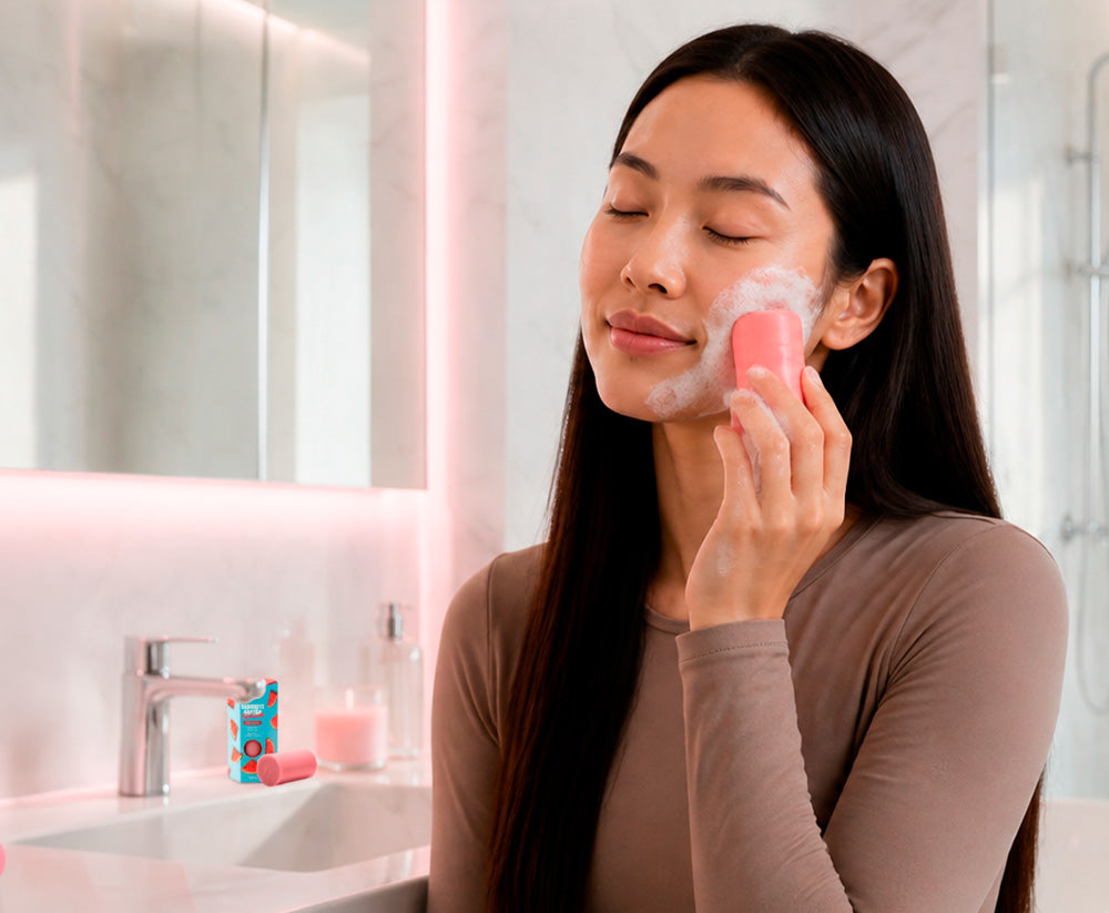 Mulher usando esponja rosa no rosto durante a rotina de skincare