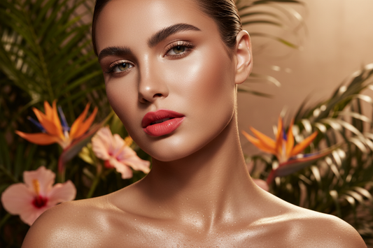 Mulher com maquiagem iluminada e pele radiante entre flores