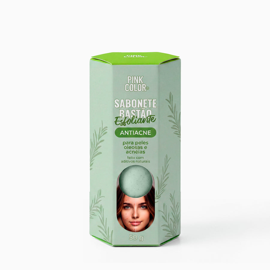 Sabonete Esfoliante AntiAcne Pink Color em bastão verde com embalagem