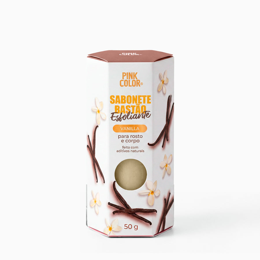 Sabonete Esfoliante Vanilla Pink Color em bastão com embalagem