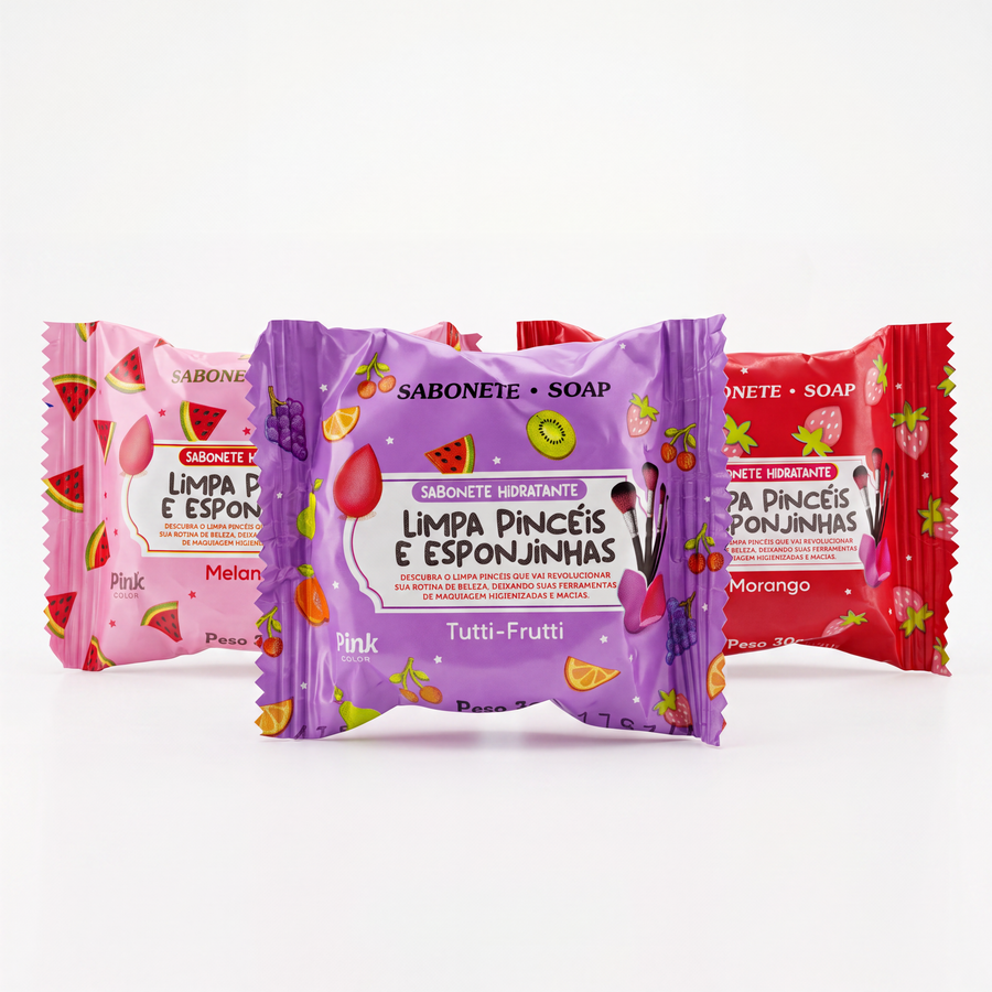 Kit 3 Sabonetes Limpa Pincéis Pink Color nas embalagens Melancia, Morango e Tutti-Frutti