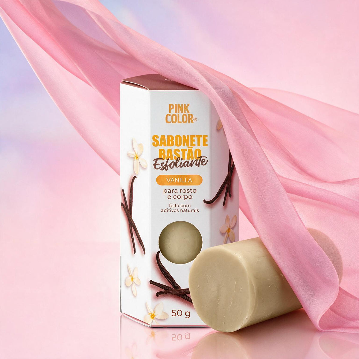 Embalagem do Sabonete Esfoliante Vanilla com tecido rosa