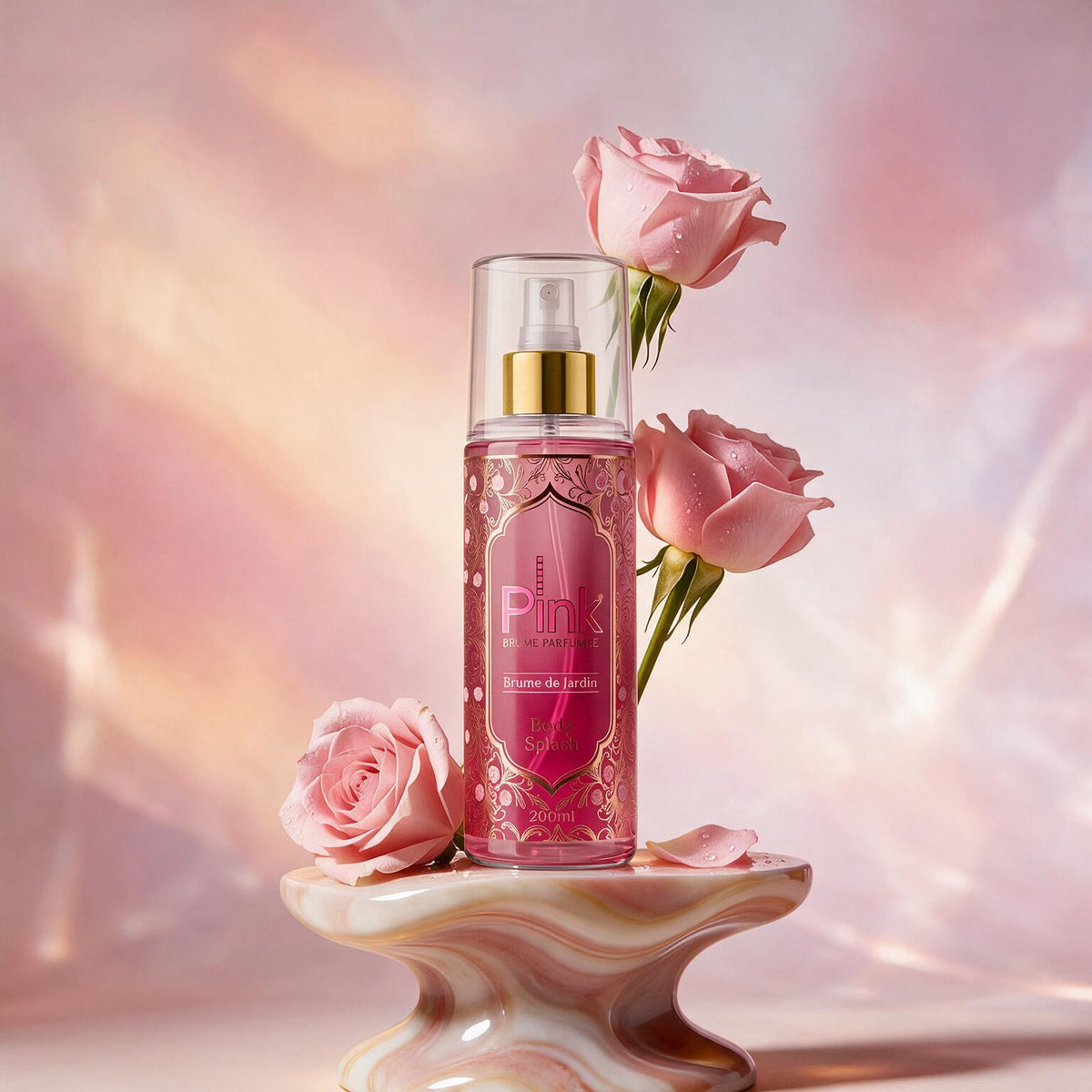 Body splash Brume de Jardin em pedestal com rosas cor-de-rosa