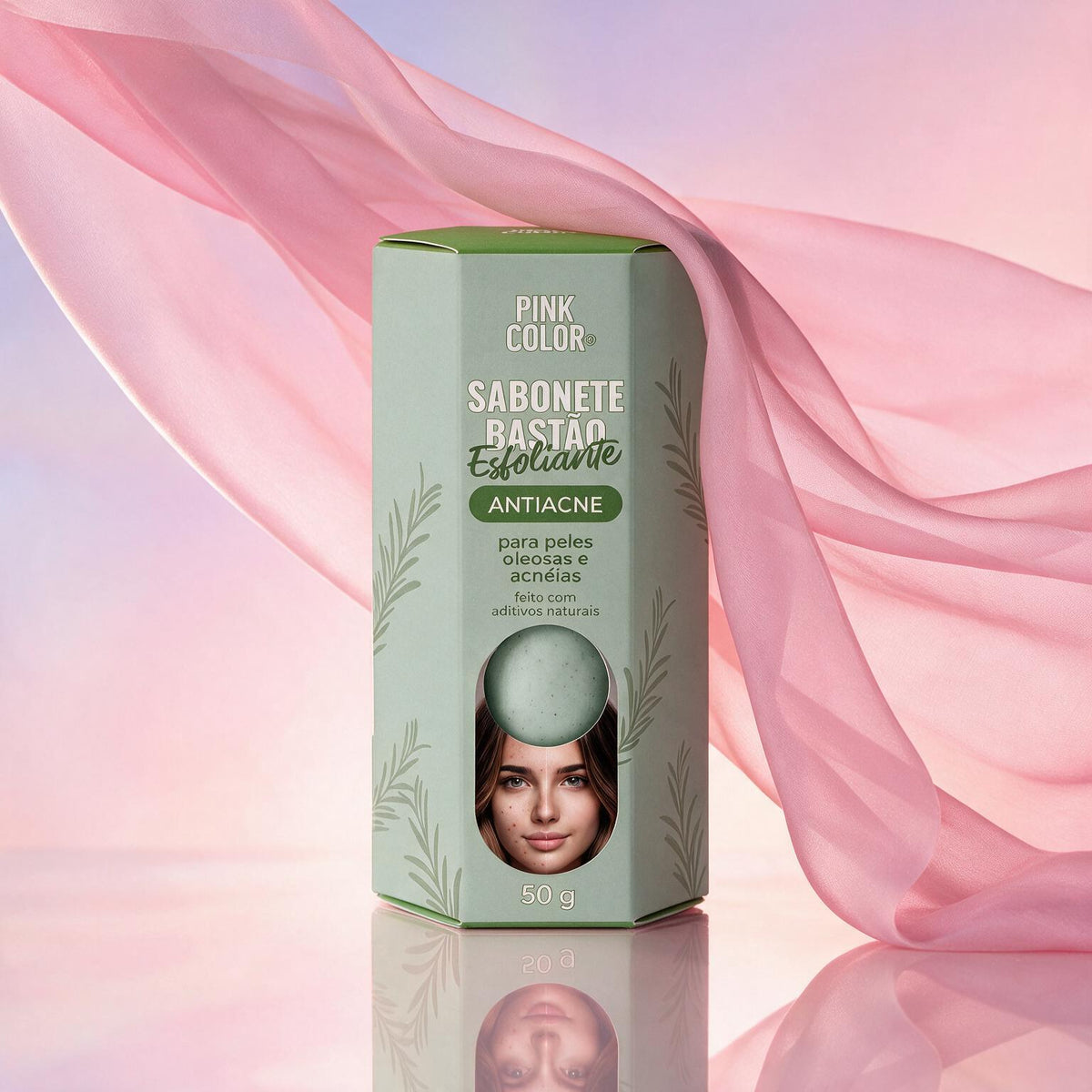 Embalagem do Sabonete Esfoliante AntiAcne com tecido rosa