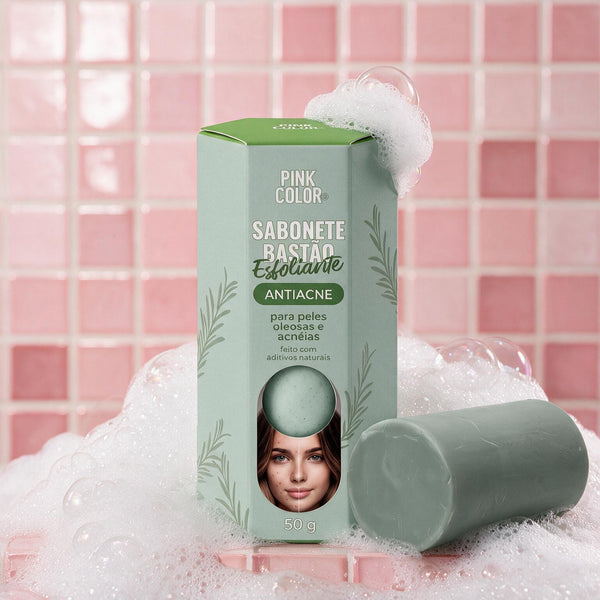 Sabonete Esfoliante AntiAcne em bancada de azulejos rosa com espuma