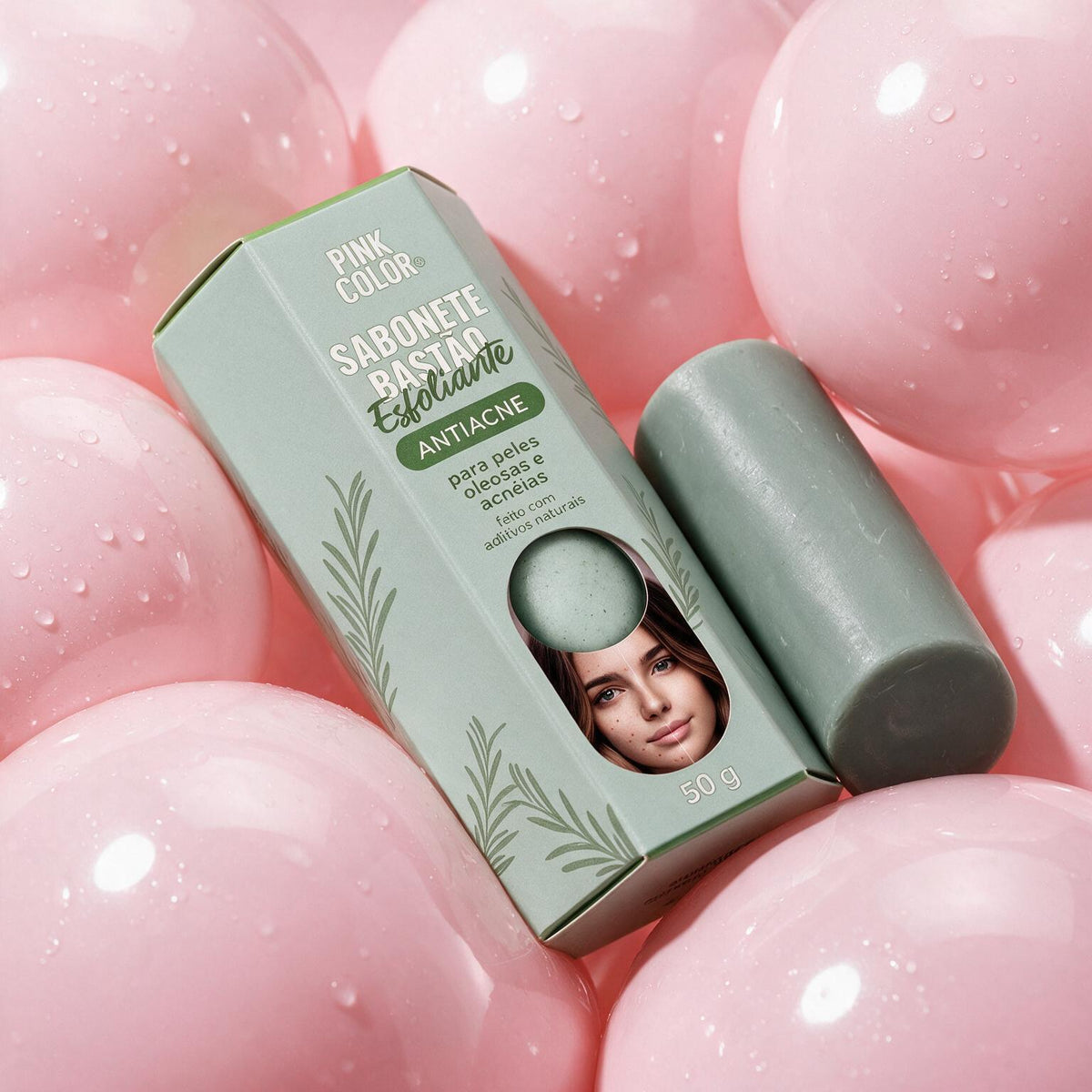 Sabonete Esfoliante AntiAcne com esferas rosas