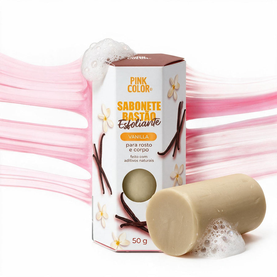 Sabonete Esfoliante Vanilla em bastão com tecido rosa