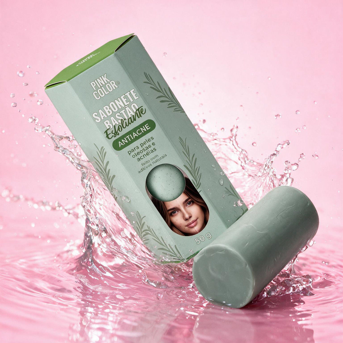 Sabonete Esfoliante AntiAcne em bastão com respingos de água