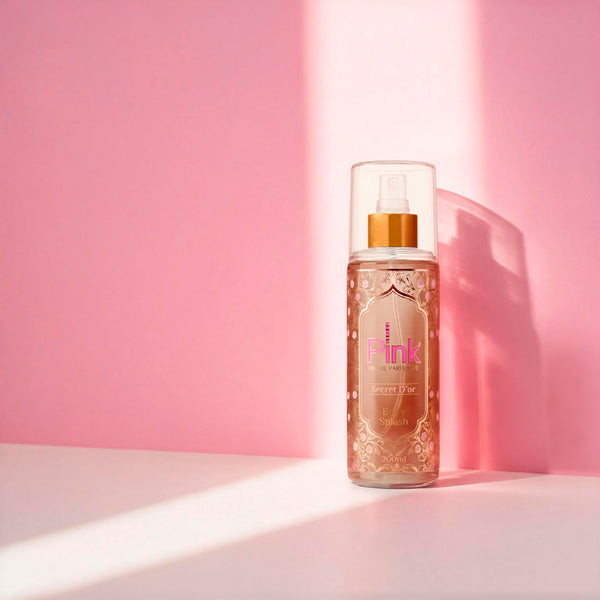 Frasco de body splash Pink Color em fundo rosa